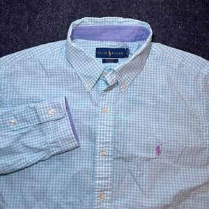 Ralph Lauren Shirt Mens Large Aqua Teal Gingham Check Cotton Stretch Button Down